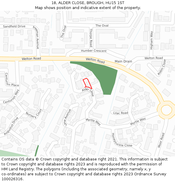 18, ALDER CLOSE, BROUGH, HU15 1ST: Location map and indicative extent of plot