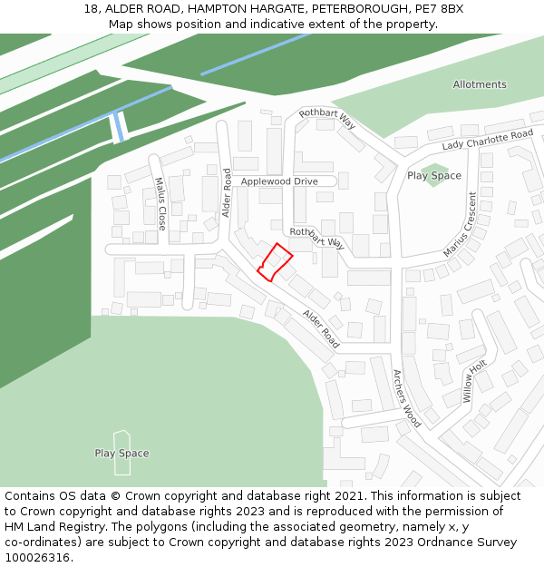 18, ALDER ROAD, HAMPTON HARGATE, PETERBOROUGH, PE7 8BX: Location map and indicative extent of plot