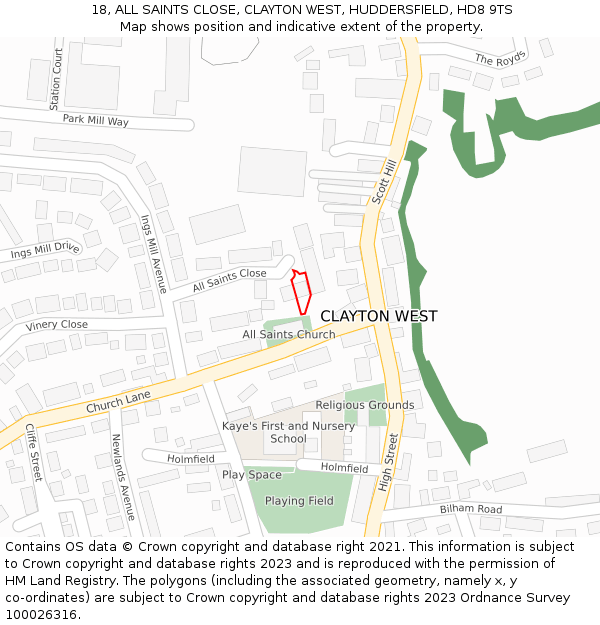 18, ALL SAINTS CLOSE, CLAYTON WEST, HUDDERSFIELD, HD8 9TS: Location map and indicative extent of plot