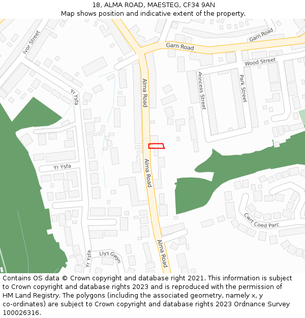 18, ALMA ROAD, MAESTEG, CF34 9AN: Location map and indicative extent of plot