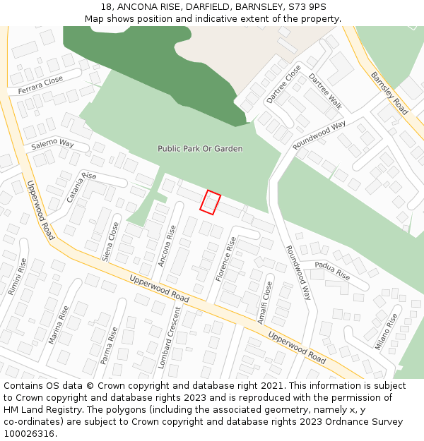 18, ANCONA RISE, DARFIELD, BARNSLEY, S73 9PS: Location map and indicative extent of plot