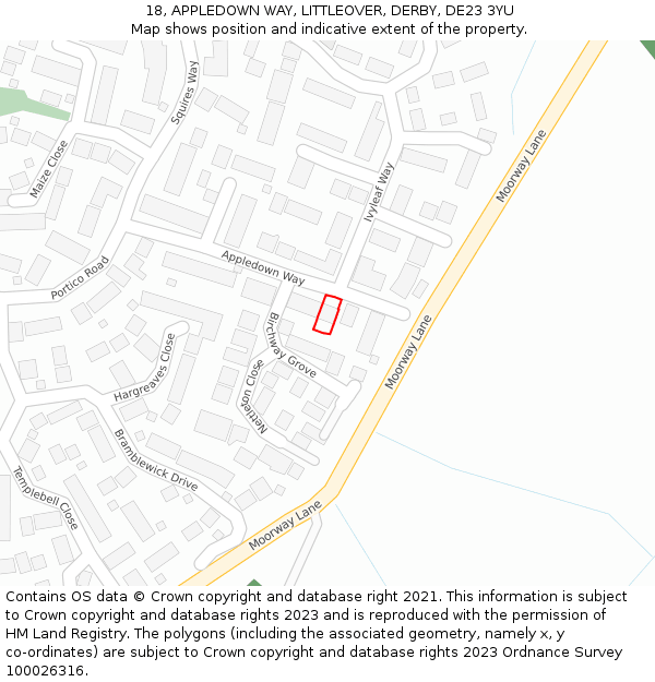 18, APPLEDOWN WAY, LITTLEOVER, DERBY, DE23 3YU: Location map and indicative extent of plot