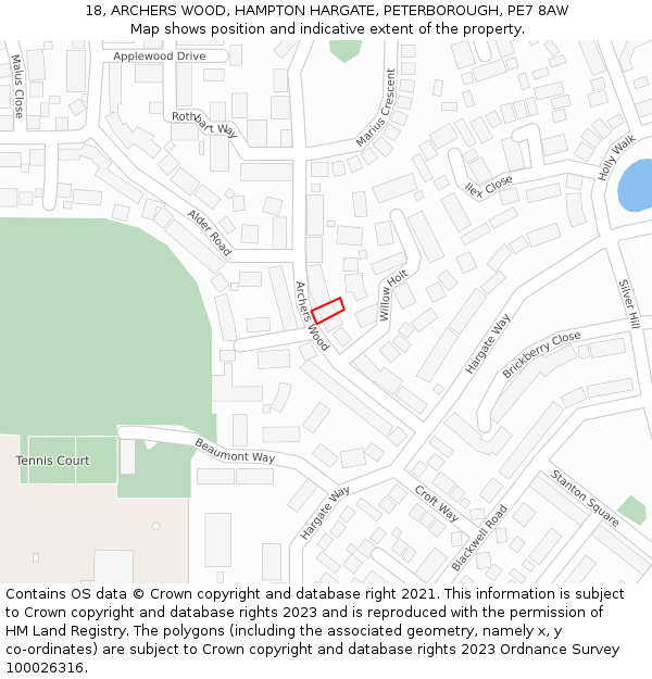 18, ARCHERS WOOD, HAMPTON HARGATE, PETERBOROUGH, PE7 8AW: Location map and indicative extent of plot