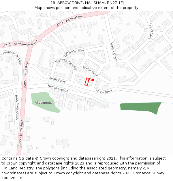 18, ARROW DRIVE, HAILSHAM, BN27 1EJ: Location map and indicative extent of plot