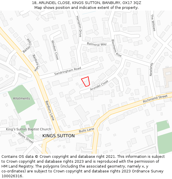 18, ARUNDEL CLOSE, KINGS SUTTON, BANBURY, OX17 3QZ: Location map and indicative extent of plot