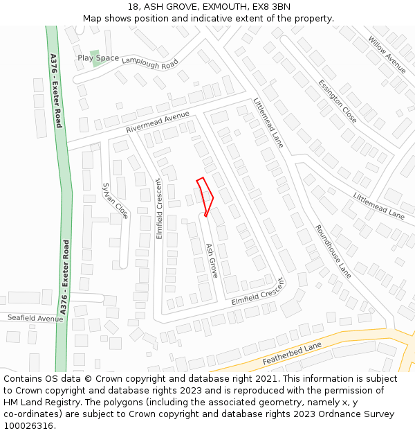 18, ASH GROVE, EXMOUTH, EX8 3BN: Location map and indicative extent of plot
