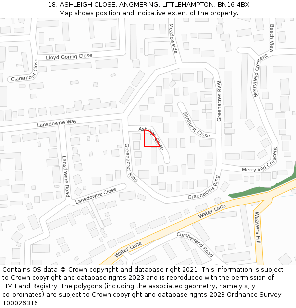 18, ASHLEIGH CLOSE, ANGMERING, LITTLEHAMPTON, BN16 4BX: Location map and indicative extent of plot