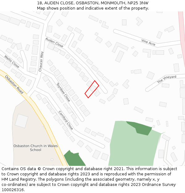18, AUDEN CLOSE, OSBASTON, MONMOUTH, NP25 3NW: Location map and indicative extent of plot