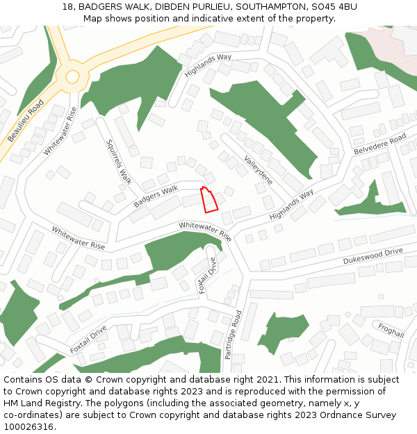 18, BADGERS WALK, DIBDEN PURLIEU, SOUTHAMPTON, SO45 4BU: Location map and indicative extent of plot