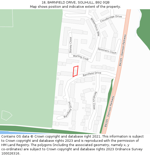 18, BARNFIELD DRIVE, SOLIHULL, B92 0QB: Location map and indicative extent of plot