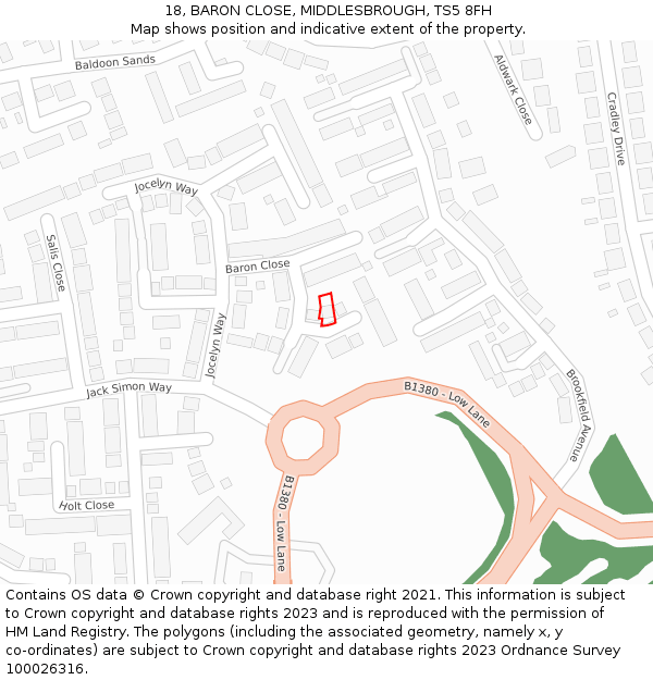 18, BARON CLOSE, MIDDLESBROUGH, TS5 8FH: Location map and indicative extent of plot
