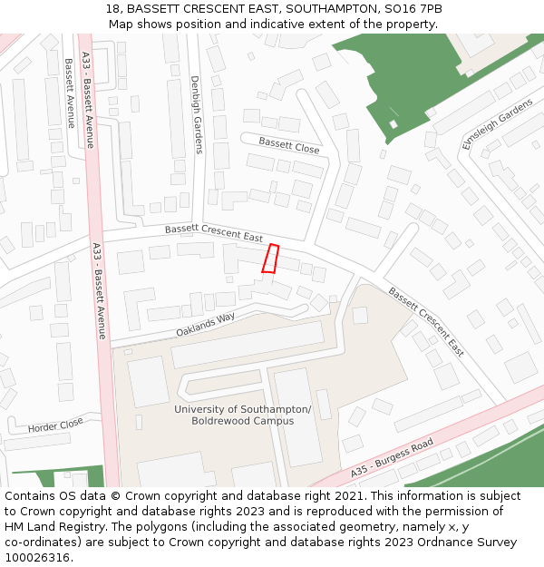 18, BASSETT CRESCENT EAST, SOUTHAMPTON, SO16 7PB: Location map and indicative extent of plot