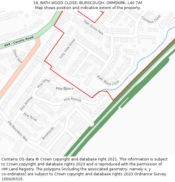 18, BATH WOOD CLOSE, BURSCOUGH, ORMSKIRK, L40 7AF: Location map and indicative extent of plot