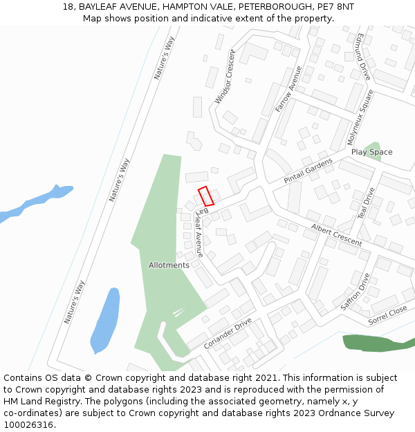 18, BAYLEAF AVENUE, HAMPTON VALE, PETERBOROUGH, PE7 8NT: Location map and indicative extent of plot