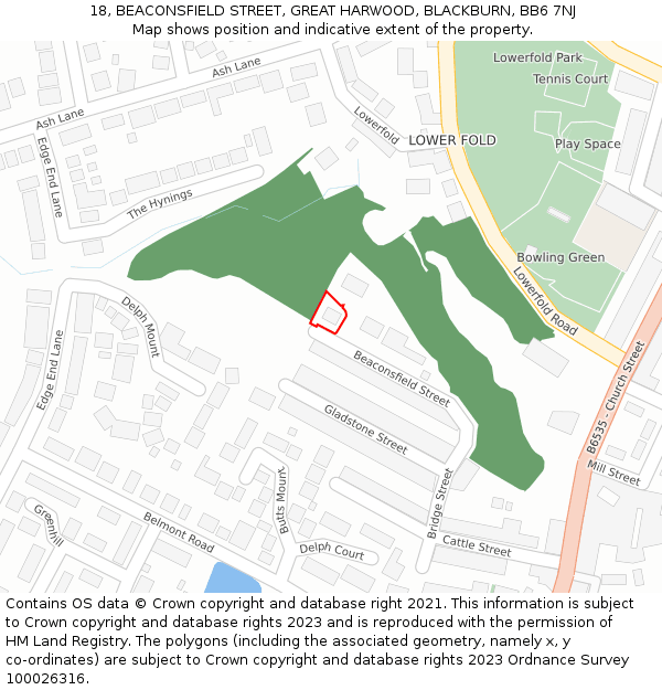 18, BEACONSFIELD STREET, GREAT HARWOOD, BLACKBURN, BB6 7NJ: Location map and indicative extent of plot