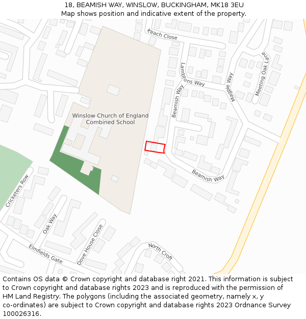 18, BEAMISH WAY, WINSLOW, BUCKINGHAM, MK18 3EU: Location map and indicative extent of plot