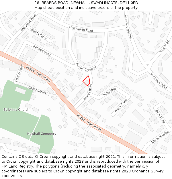18, BEARDS ROAD, NEWHALL, SWADLINCOTE, DE11 0ED: Location map and indicative extent of plot