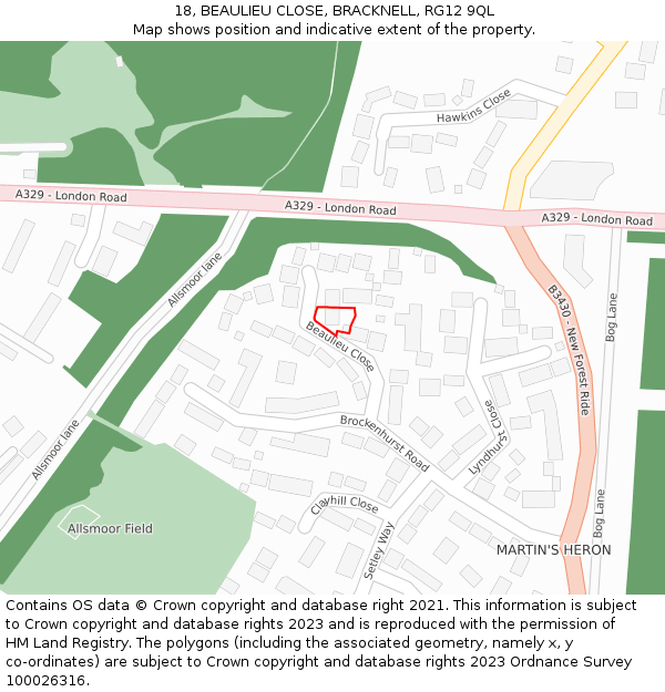 18, BEAULIEU CLOSE, BRACKNELL, RG12 9QL: Location map and indicative extent of plot