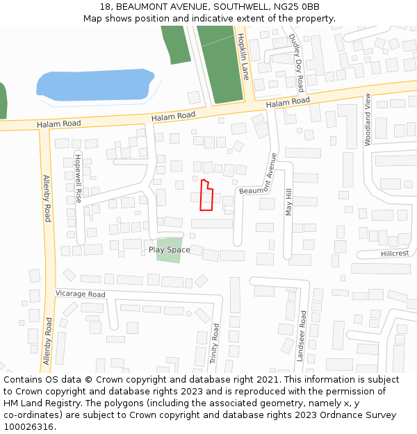 18, BEAUMONT AVENUE, SOUTHWELL, NG25 0BB: Location map and indicative extent of plot