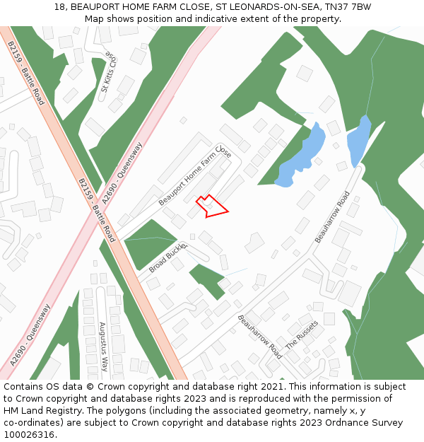 18, BEAUPORT HOME FARM CLOSE, ST LEONARDS-ON-SEA, TN37 7BW: Location map and indicative extent of plot