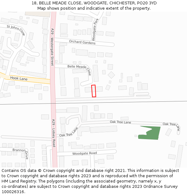 18, BELLE MEADE CLOSE, WOODGATE, CHICHESTER, PO20 3YD: Location map and indicative extent of plot