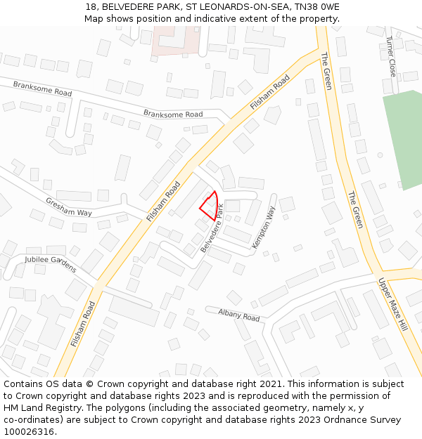 18, BELVEDERE PARK, ST LEONARDS-ON-SEA, TN38 0WE: Location map and indicative extent of plot