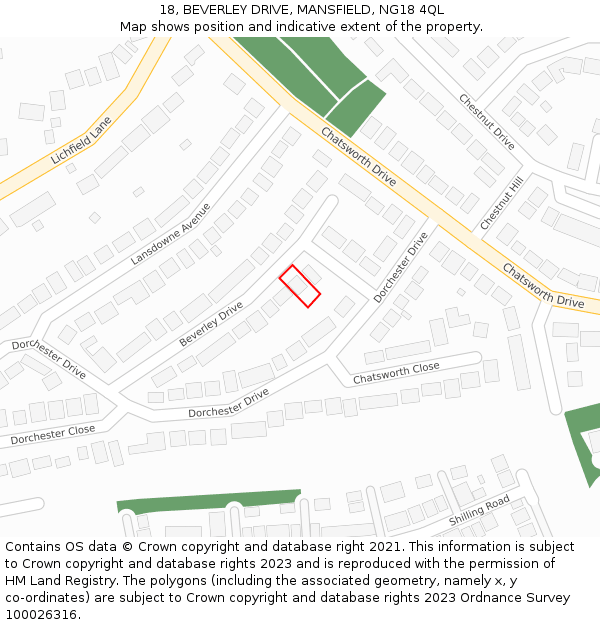 18, BEVERLEY DRIVE, MANSFIELD, NG18 4QL: Location map and indicative extent of plot