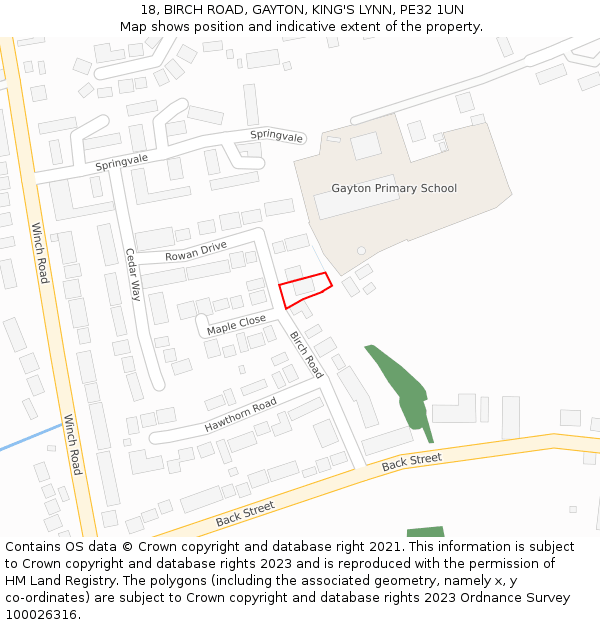 18, BIRCH ROAD, GAYTON, KING'S LYNN, PE32 1UN: Location map and indicative extent of plot