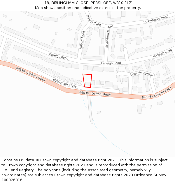 18, BIRLINGHAM CLOSE, PERSHORE, WR10 1LZ: Location map and indicative extent of plot