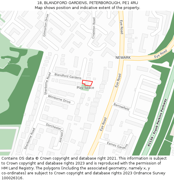 18, BLANDFORD GARDENS, PETERBOROUGH, PE1 4RU: Location map and indicative extent of plot