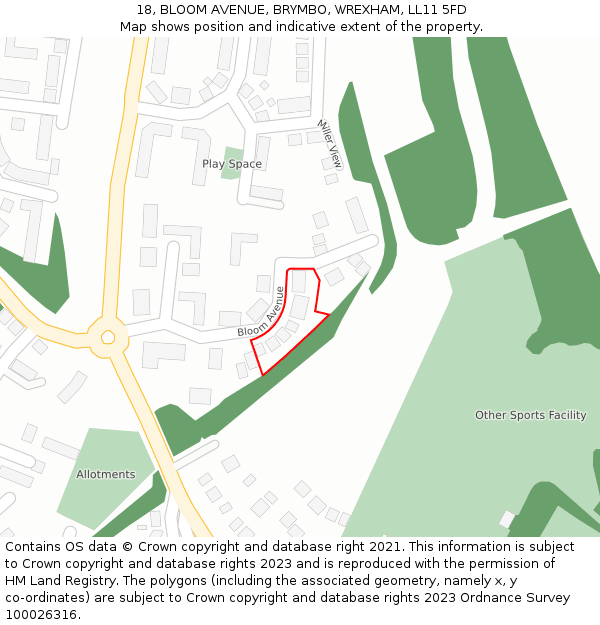 18, BLOOM AVENUE, BRYMBO, WREXHAM, LL11 5FD: Location map and indicative extent of plot