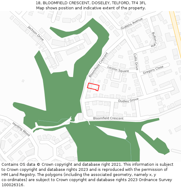18, BLOOMFIELD CRESCENT, DOSELEY, TELFORD, TF4 3FL: Location map and indicative extent of plot