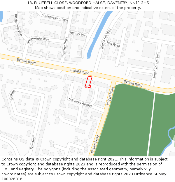 18, BLUEBELL CLOSE, WOODFORD HALSE, DAVENTRY, NN11 3HS: Location map and indicative extent of plot