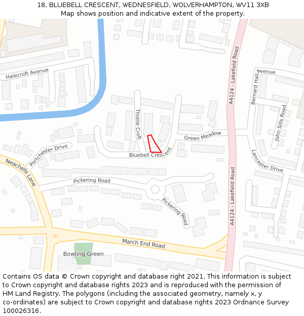 18, BLUEBELL CRESCENT, WEDNESFIELD, WOLVERHAMPTON, WV11 3XB: Location map and indicative extent of plot