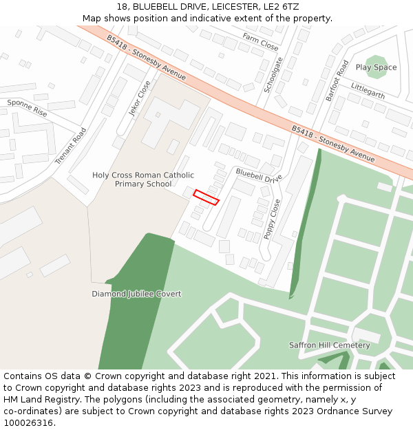 18, BLUEBELL DRIVE, LEICESTER, LE2 6TZ: Location map and indicative extent of plot