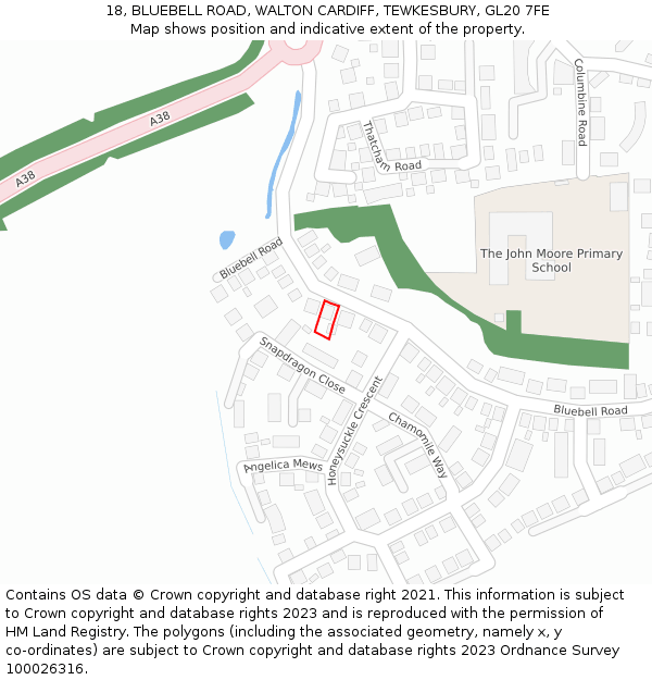 18, BLUEBELL ROAD, WALTON CARDIFF, TEWKESBURY, GL20 7FE: Location map and indicative extent of plot
