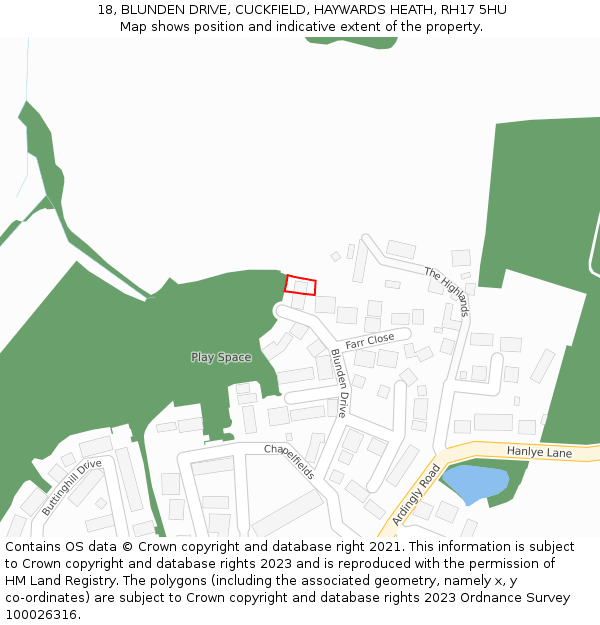 18, BLUNDEN DRIVE, CUCKFIELD, HAYWARDS HEATH, RH17 5HU: Location map and indicative extent of plot