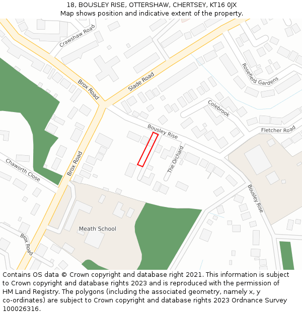 18, BOUSLEY RISE, OTTERSHAW, CHERTSEY, KT16 0JX: Location map and indicative extent of plot
