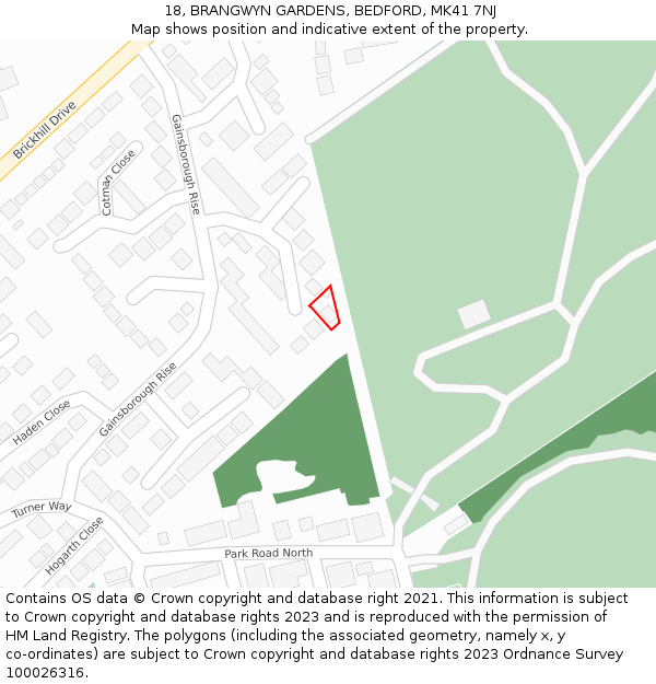 18, BRANGWYN GARDENS, BEDFORD, MK41 7NJ: Location map and indicative extent of plot