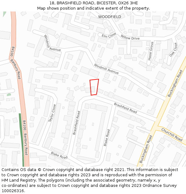18, BRASHFIELD ROAD, BICESTER, OX26 3HE: Location map and indicative extent of plot
