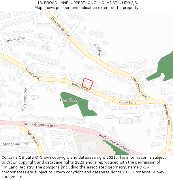 18, BROAD LANE, UPPERTHONG, HOLMFIRTH, HD9 3JS: Location map and indicative extent of plot