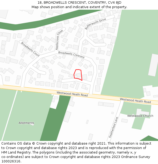 18, BROADWELLS CRESCENT, COVENTRY, CV4 8JD: Location map and indicative extent of plot