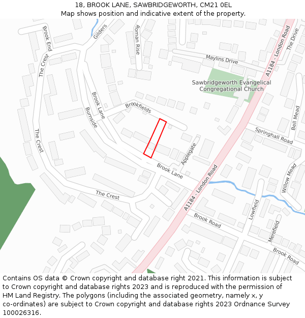 18, BROOK LANE, SAWBRIDGEWORTH, CM21 0EL: Location map and indicative extent of plot