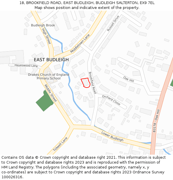 18, BROOKFIELD ROAD, EAST BUDLEIGH, BUDLEIGH SALTERTON, EX9 7EL: Location map and indicative extent of plot