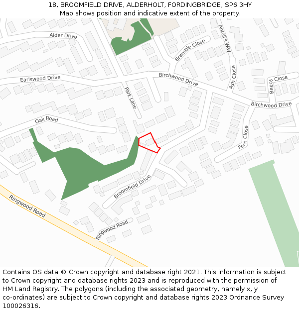 18, BROOMFIELD DRIVE, ALDERHOLT, FORDINGBRIDGE, SP6 3HY: Location map and indicative extent of plot