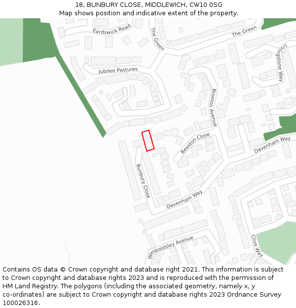 18, BUNBURY CLOSE, MIDDLEWICH, CW10 0SG: Location map and indicative extent of plot