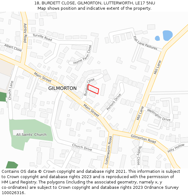 18, BURDETT CLOSE, GILMORTON, LUTTERWORTH, LE17 5NU: Location map and indicative extent of plot