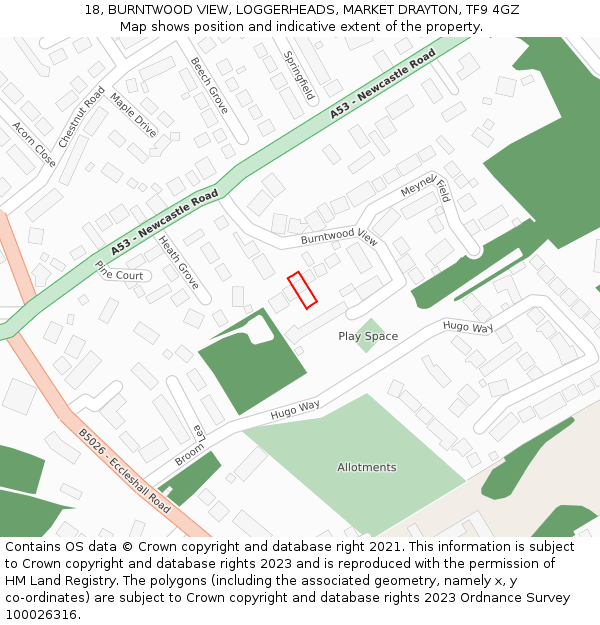 18, BURNTWOOD VIEW, LOGGERHEADS, MARKET DRAYTON, TF9 4GZ: Location map and indicative extent of plot