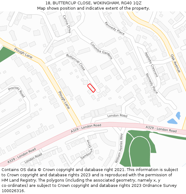18, BUTTERCUP CLOSE, WOKINGHAM, RG40 1QZ: Location map and indicative extent of plot