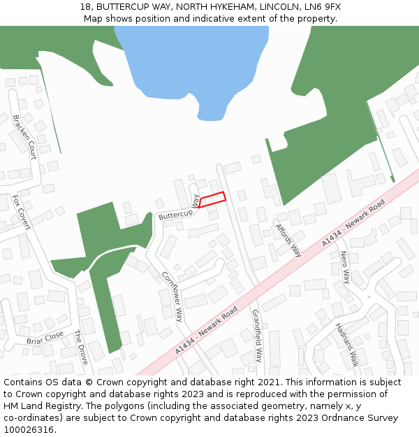 18, BUTTERCUP WAY, NORTH HYKEHAM, LINCOLN, LN6 9FX: Location map and indicative extent of plot